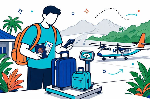 Flat or semi-flat vector illustration, clean lines, modern tech feel, 2D scene of an abstract faceless traveler at a small Papua New Guinea domestic airport, weighing a suitcase and carry-on next to a baggage scale, with boarding pass, passport and smartphone. Deep blue and turquoise primary palette with tropical coral orange and lush green accents. Calm, organized, efficient, safe atmosphere. Minimalist white and light grey background with a faint outline of a mountain airstrip and tropical hills. No text, no logos, not photorealistic.