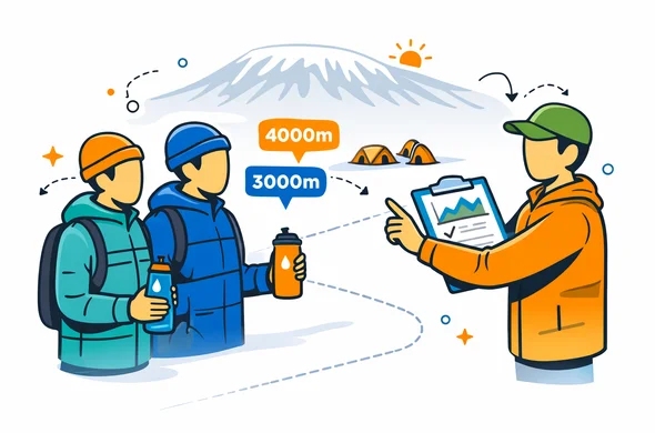 Flat or semi-flat vector illustration, abstract faceless hikers acclimatizing on Mount Kilimanjaro with altitude markers, hydration bottles, layered clothing and a calm guide pointing at a safe ascent plan, deep blue and turquoise brand colors with Tanzania accent of sunrise orange, subtle silhouette of Kilimanjaro and camp tents in the background, minimalist white and grey setting, clean lines, organized, safe, efficient, 2D or gentle isometric, no photorealism