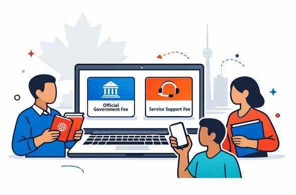 Flat vector illustration, modern tech style, clean lines, semi flat 2D design. A calm travel planning scene showing two side by side payment cards on a laptop screen: one labeled official government fee and one labeled service support fee. Abstract faceless characters with neutral skin tones hold a passport, a smartphone, and a document folder. Deep blue and turquoise primary palette with Canada inspired red accents. Minimal white and light grey background with a faint outline of the Canadian maple leaf and Toronto skyline silhouette. Organized, safe, efficient atmosphere, not photorealistic.