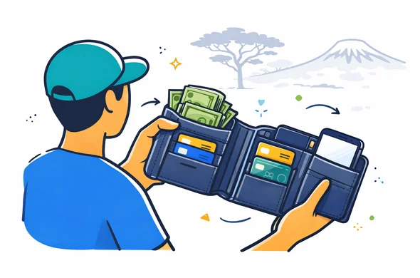 Flat semi flat vector illustration, clean lines, modern travel safety concept, faceless abstract traveler organizing wallet, hidden backup cash, two bank cards and phone in separate compartments, deep blue and turquoise primary palette with Tanzania inspired green gold accents, minimalist white and light grey background, subtle outline of safari acacia tree and Mount Kilimanjaro silhouette, calm secure efficient atmosphere, 2D isometric vector style, no photorealism Flat semi flat vector illustration, clean lines, modern travel safety concept, faceless abstract traveler organizing wallet, hidden backup cash, two bank cards and phone in separate compartments, deep blue and turquoise primary palette with Tanzania inspired green gold accents, minimalist white and light grey background, subtle outline of safari acacia tree and Mount Kilimanjaro silhouette, calm secure efficient atmosphere, 2D isometric vector style, no photorealism