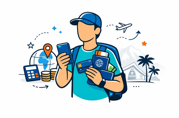Flat semi flat vector illustration, modern travel finance planning scene for Papua New Guinea, faceless neutral traveler holding phone, passport, wallet and bank card, clean lines, 2D with slight isometric feel, deep blue and turquoise brand colors with rainforest green and bird of paradise orange accents, minimalist white and light grey background, faint silhouette of Papua New Guinea parliament house and tropical mountain ridge, calm organized safe atmosphere, non photorealistic