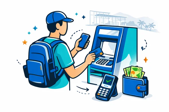 Flat semi flat vector illustration of travel payments in Papua New Guinea, faceless neutral traveler using an ATM while holding a phone and bank card, nearby payment terminal and small wallet with local currency notes, modern tech feel, clean lines, isometric 2D style, deep blue and turquoise brand palette with tropical green and warm orange accents, minimalist white and grey background, faint outline of airport terminal and tropical hills, calm efficient safe atmosphere, non photorealistic