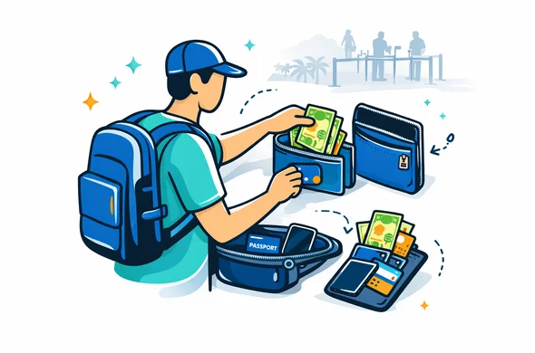 Flat semi flat vector illustration of safe cash management for travel in Papua New Guinea, faceless neutral traveler organizing local cash, passport, phone and bank cards into separate pouch, wallet and hidden organizer, clean modern tech look, 2D isometric style, deep blue and turquoise with rainforest green and warm coral orange accents, minimalist white and grey background, faint silhouette of tropical forest and airport security line, calm organized secure atmosphere, non photorealistic