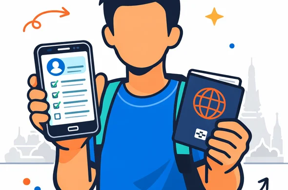 Flat semi-flat vector illustration, modern travel-tech style, clean lines, 2D with slight isometric feel. A faceless traveler holding a smartphone that displays a Thailand Digital Arrival Card form and a passport. Deep blue and turquoise brand colors with warm Thai accent colors such as gold and coral. Calm, organized, secure atmosphere. Minimal white and light grey background with a faint silhouette of a Thai temple skyline in the distance. No photorealism, no facial details, simple geometric shapes, polished editorial website illustration.