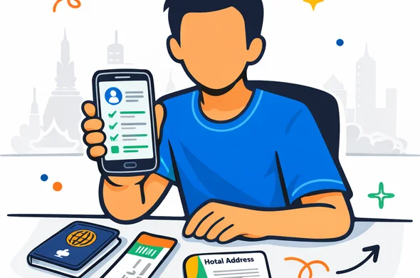 Flat or semi-flat vector illustration, modern travel preparation scene. A faceless traveler sits at a clean desk with passport, boarding pass, hotel address note, and smartphone showing a digital arrival card checklist. Deep blue and turquoise primary palette with Thai accent colors like saffron and tropical green. Minimal white-grey background with a faint silhouette of Bangkok skyline or temple outline. Calm, efficient, organized mood. Non-photorealistic, clean editorial web illustration.