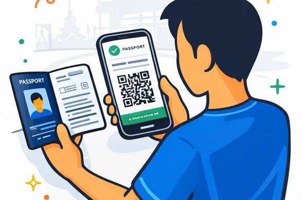 Flat semi-flat vector illustration of final review before submitting a digital travel form. A faceless traveler compares passport details with a smartphone screen showing a confirmation page and QR code placeholder. Deep blue and turquoise brand palette with Thai-inspired gold and coral accents. Minimal white and light grey interface background with faint outline of an airport terminal and Thai temple silhouette. Calm, safe, organized atmosphere, modern vector style, no photorealism, clean lines.