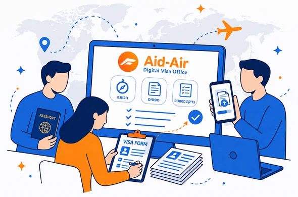 Flat or semi-flat vector illustration, clean lines, modern tech feel, 2D isometric scene, deep blue and turquoise primary palette with warm orange accent for a central travel guidance brand, abstract faceless characters organizing passports, visa forms, smartphones and uploaded documents around a digital dashboard, calm organized safe atmosphere, minimalist white and light grey background, subtle world map outline, no photorealism, no detailed facial features