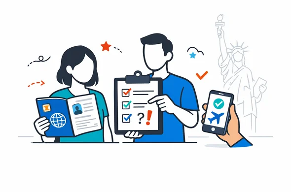 Flat vector illustration, modern travel-tech style, deep blue and turquoise primary palette with subtle USA-inspired red accents, faceless neutral characters reviewing a biometric passport, travel checklist and phone screen showing ESTA eligibility, clean lines, semi-flat 2D with slight isometric perspective, calm organized efficient atmosphere, minimalist white and light grey background, faint Statue of Liberty outline, no text, no photorealism Flat vector illustration, modern travel-tech style, deep blue and turquoise primary palette with subtle USA-inspired red accents, faceless neutral characters reviewing a biometric passport, travel checklist and phone screen showing ESTA eligibility, clean lines, semi-flat 2D with slight isometric perspective, calm organized efficient atmosphere, minimalist white and light grey background, faint Statue of Liberty outline, no text, no photorealism