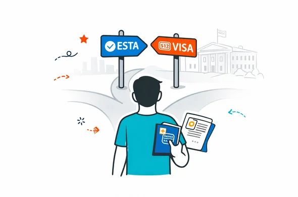 Semi-flat vector illustration, modern travel-tech scene, deep blue and turquoise primary palette with subtle USA-inspired red accent, faceless traveler standing at a forked path sign choosing between ESTA travel authorization and regular visa route, holding passport and documents, clean lines, calm efficient safe mood, minimalist white and grey background with faint U.S. consulate building silhouette and subtle skyline, no text, no photorealism Semi-flat vector illustration, modern travel-tech scene, deep blue and turquoise primary palette with subtle USA-inspired red accent, faceless traveler standing at a forked path sign choosing between ESTA travel authorization and regular visa route, holding passport and documents, clean lines, calm efficient safe mood, minimalist white and grey background with faint U.S. consulate building silhouette and subtle skyline, no text, no photorealism