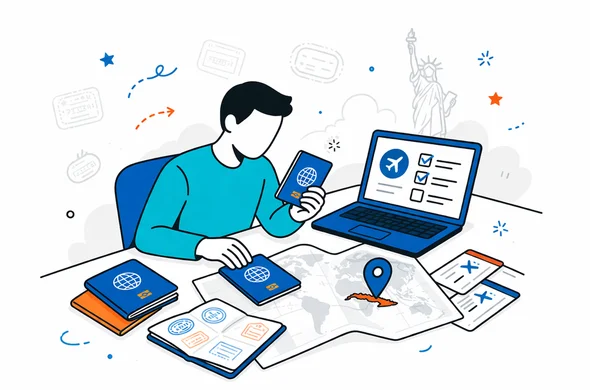 Flat vector illustration, deep blue and turquoise brand palette with restrained USA-inspired red accents, faceless traveler at a desk reviewing old passports, boarding passes and a world map with Cuba highlighted, laptop open to a travel eligibility checklist, modern clean lines, 2D semi-flat style, organized safe atmosphere, minimalist white and grey background with faint passport stamp motifs and subtle Statue of Liberty silhouette, no text, no photorealism Flat vector illustration, deep blue and turquoise brand palette with restrained USA-inspired red accents, faceless traveler at a desk reviewing old passports, boarding passes and a world map with Cuba highlighted, laptop open to a travel eligibility checklist, modern clean lines, 2D semi-flat style, organized safe atmosphere, minimalist white and grey background with faint passport stamp motifs and subtle Statue of Liberty silhouette, no text, no photorealism