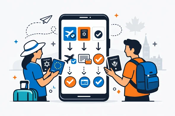 Flat or semi-flat vector illustration, clean modern tech style, 2D infographic scene. Abstract faceless travelers comparing passports and travel routes on a mobile screen, choosing between eTA, visa, or exemption for Canada. Deep blue and turquoise primary palette with Canada red accent. Calm organized atmosphere, minimalist white and light grey background, faint silhouette of Parliament Hill and a maple leaf. No photorealism, no detailed facial features, polished travel-tech brand aesthetic.