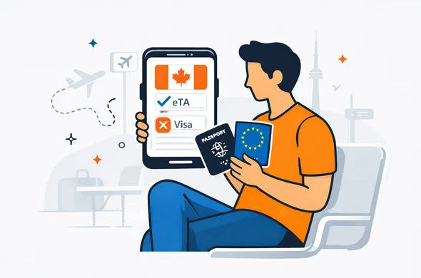 Flat or semi-flat vector illustration, modern travel-tech style, faceless abstract traveler sitting with two passports and a phone showing Canada travel authorization decision. Deep blue and turquoise base colors with Canada red accents, clean lines, calm and efficient mood. Minimal white and grey background with faint silhouette of CN Tower and subtle airport icons. Not photorealistic, no facial details, polished vector illustration.