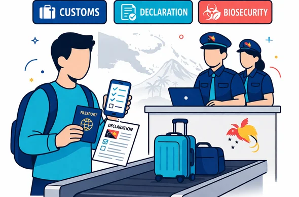 Flat semi-flat vector illustration, modern tech travel style, clean lines, deep blue and turquoise as primary colors with Papua New Guinea accent colors of warm coral, red and golden yellow. A faceless neutral traveler at an airport customs checkpoint in Papua New Guinea, holding passport, phone, and declaration form, with luggage on a scanning belt. Show calm border officers, organized signage for customs, declaration, and biosecurity. Minimal white and light grey background with a faint silhouette of Papua New Guinea map and tropical mountain outline. Non-photorealistic, safe, efficient, trustworthy atmosphere. Flat semi-flat vector illustration, modern tech travel style, clean lines, deep blue and turquoise as primary colors with Papua New Guinea accent colors of warm coral, red and golden yellow. A faceless neutral traveler at an airport customs checkpoint in Papua New Guinea, holding passport, phone, and declaration form, with luggage on a scanning belt. Show calm border officers, organized signage for customs, declaration, and biosecurity. Minimal white and light grey background with a faint silhouette of Papua New Guinea map and tropical mountain outline. Non-photorealistic, safe, efficient, trustworthy atmosphere.