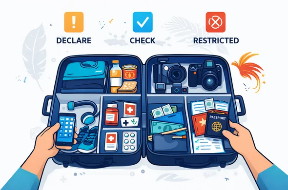 Flat or semi-flat vector illustration, clean modern travel-tech look, deep blue and turquoise primary palette with Papua New Guinea inspired accent colors red, black, and gold. Open suitcase neatly divided into categories: personal items, food items, medicines, camera gear, cash wallet, and documents. Use simple icon labels for declare, check, and restricted. Faceless abstract traveler hands organizing items calmly. Minimal white/grey background with faint outline of a bird-of-paradise feather and tropical leaves. Non-photorealistic, organized, safe, efficient mood. Flat or semi-flat vector illustration, clean modern travel-tech look, deep blue and turquoise primary palette with Papua New Guinea inspired accent colors red, black, and gold. Open suitcase neatly divided into categories: personal items, food items, medicines, camera gear, cash wallet, and documents. Use simple icon labels for declare, check, and restricted. Faceless abstract traveler hands organizing items calmly. Minimal white/grey background with faint outline of a bird-of-paradise feather and tropical leaves. Non-photorealistic, organized, safe, efficient mood.