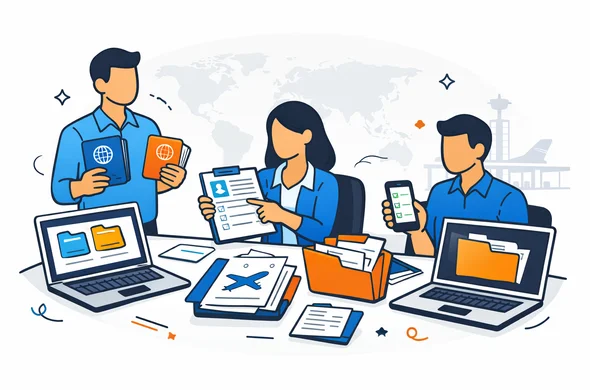 Flat or semi-flat vector illustration, clean lines, modern tech feel, 2D with slight isometric perspective, deep blue and turquoise brand colors with subtle global travel עמוד מרכזי accent colors in soft orange and light grey, abstract faceless travel agency staff organizing passports, travel itineraries, visa forms and digital checklists on a large desk, laptops and phone screens showing neat document folders, calm organized efficient safe atmosphere, minimalist white and grey background with a faint world map and subtle airport terminal silhouette, no photorealism, no detailed facial features, clean SaaS style vector art