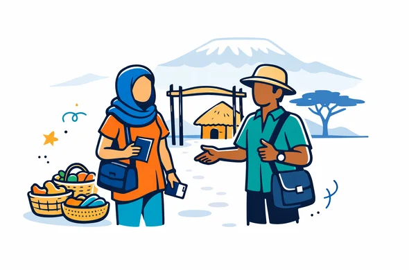 Flat or semi flat vector illustration, clean modern tech style, 2D with slight isometric depth, deep blue and turquoise primary palette with warm ochre and savannah gold accents inspired by Tanzania, faceless traveler in modest clothing arriving at a village entrance with a local guide, scarf, small bag, passport and phone visible, simple market baskets nearby, calm organized safe atmosphere, minimalist white and light grey background, faint silhouette of Mount Kilimanjaro and an acacia tree, not photorealistic, clean lines, no text
