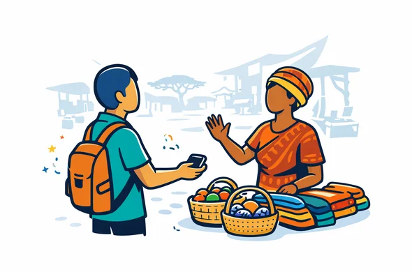 Flat or semi flat vector illustration, clean modern tech style, 2D with slight isometric depth, deep blue and turquoise primary palette with warm terracotta and market spice accents inspired by Tanzania, faceless traveler politely asking permission to photograph a market seller, phone held low, open hand gesture, colorful baskets and fabrics, calm respectful atmosphere, minimalist white and light grey background, faint outline of a Tanzanian market street and acacia silhouette, not photorealistic, clean lines, no text