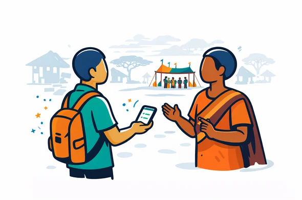 Flat or semi flat vector illustration, clean modern tech style, 2D with slight isometric depth, deep blue and turquoise primary palette with warm sunset orange and earthy brown accents inspired by Tanzania, faceless traveler coordinating a respectful community visit with a local guide, simple checklist on phone, small cultural event area in background, modest clothing, calm organized safe atmosphere, minimalist white and light grey background, faint silhouette of village huts and a Tanzanian skyline detail, not photorealistic, clean lines, no text