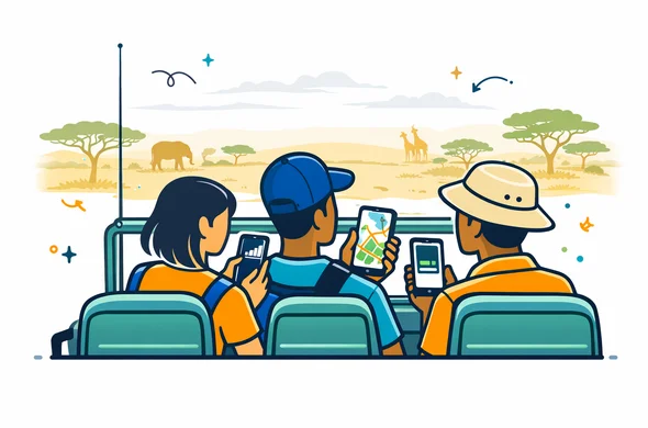 Flat or semi flat vector illustration, clean modern tech style, 2D with slight isometric depth, deep blue and turquoise primary palette with warm orange, sand and acacia green accents inspired by Tanzania, faceless travelers in a safari jeep checking phone signal bars, offline map and battery level, wide savannah scene with subtle acacia trees and wildlife silhouettes, calm safe organized atmosphere, minimalist white and light grey background with faint outline of Serengeti horizon, no photorealism, no text, no watermark