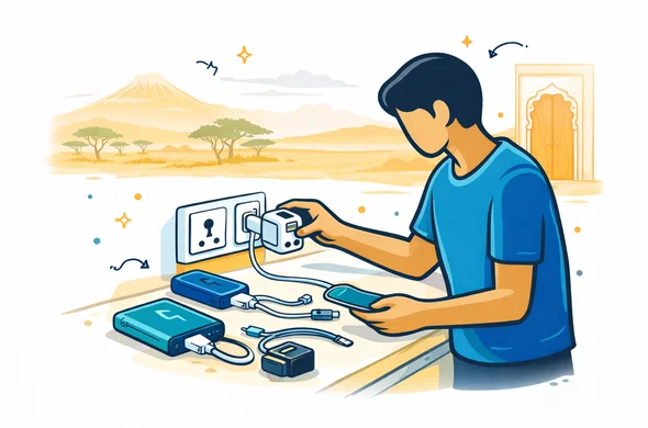 Flat or semi flat vector illustration, clean modern tech style, 2D with slight isometric depth, deep blue and turquoise primary palette with warm sunset orange and sandy beige accents inspired by Tanzania, faceless traveler organizing a universal travel adapter, power bank, USB cables, phone charger and camera battery on a hotel desk, calm efficient safe atmosphere, minimalist white and light grey background, faint outline of Mount Kilimanjaro and a Zanzibar style doorway, no photorealism, no text, no watermark