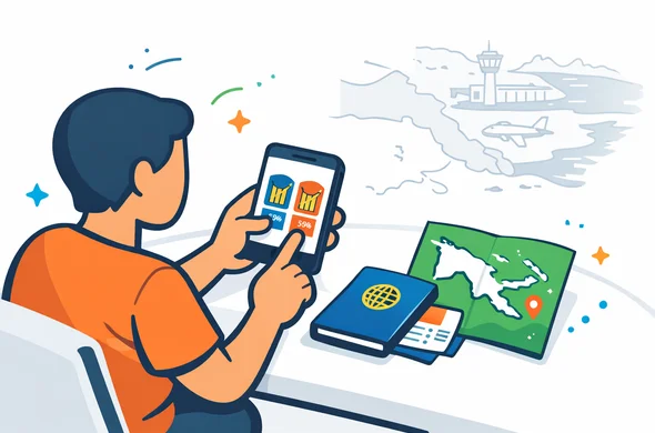Flat or semi-flat vector illustration, clean modern tech style, 2D with slight isometric depth, deep blue and turquoise primary palette with bird-of-paradise orange, tropical coral and lush green accents inspired by Papua New Guinea, faceless neutral traveler comparing local SIM options on a smartphone next to a passport, boarding pass and map of Papua New Guinea, calm organized airport planning scene, minimalist white and light grey background, faint outline of Papua New Guinea coastline and Port Moresby harbor, no text, no watermark, not photorealistic
