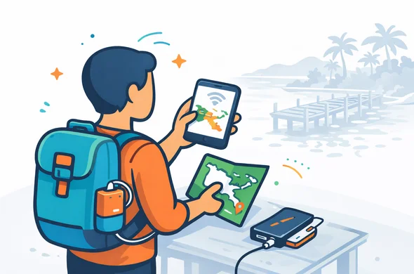 Flat or semi-flat vector illustration, modern travel-tech style, deep blue and turquoise primary palette with tropical green and coral accents inspired by Papua New Guinea, faceless traveler checking mobile coverage on a phone while standing near a small island dock with a backpack, power bank and offline map, faint silhouette of a tropical coastline and wooden pier, calm organized atmosphere, minimalist white and light grey background, no text, no watermark, not photorealistic