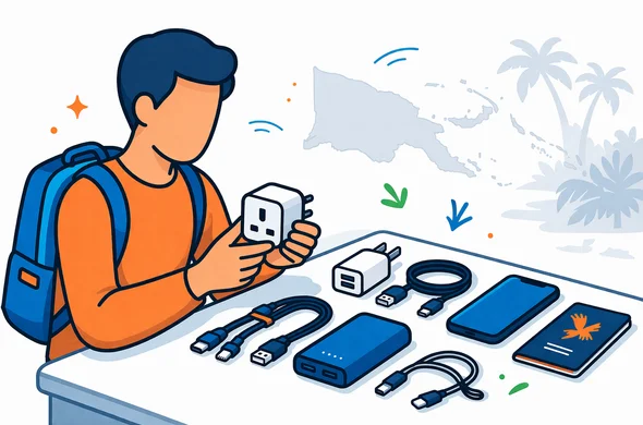 Flat or semi-flat vector illustration, clean lines, modern travel utility style, deep blue and turquoise primary palette with bird-of-paradise orange and tropical green accents inspired by Papua New Guinea, faceless traveler organizing a type I power adapter, USB charger, cables, power bank, phone and passport on a neat desk, minimalist white and light grey background, faint outline of Papua New Guinea and tropical palm silhouettes, calm efficient safe atmosphere, no text, no watermark, not photorealistic