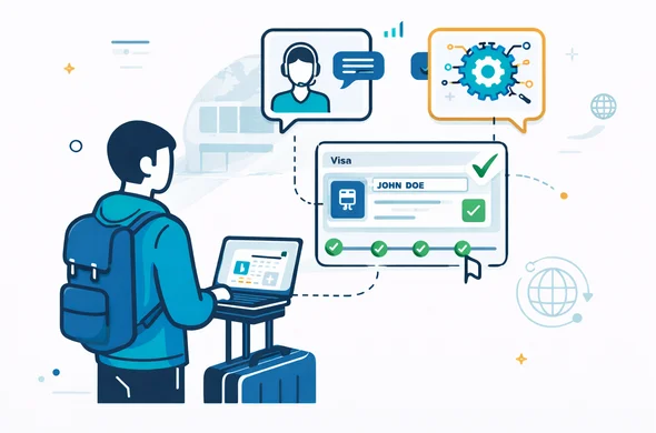 Semi-flat vector illustration, modern customer support plus automation. Faceless traveler with luggage and laptop, chat interface connecting to an expert support agent and an automation engine icon made of gears and circuit lines. The screen shows a visa document card being corrected, a green checkmark, and a timeline of steps. Deep blue and turquoise primary colors with teal and yellow accents. Minimal white and light grey background with a faint outline of an airport gate and a globe hub icon. Calm, safe, efficient atmosphere. No photorealism, no facial features, no logos.