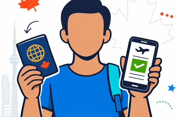 Flat or semi-flat vector illustration, modern tech style, clean lines, 2D or light isometric composition. A faceless traveler with neutral skin tone holds a new passport in one hand and a smartphone showing a digital travel authorization in the other. Calm and organized atmosphere. Deep blue and turquoise primary palette with Canada-inspired accent red. Minimal white and light grey background with a faint silhouette of the Toronto skyline or maple leaf outline. Non-photorealistic, polished editorial website illustration.