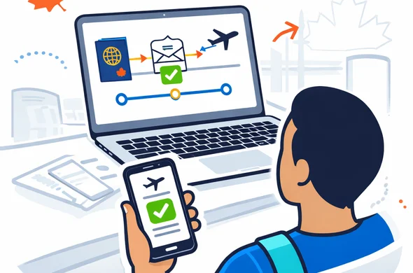 Flat or semi-flat vector illustration, clean modern tech design, light isometric style. A faceless traveler plans a trip timeline on a laptop and smartphone, with icons of a passport renewal, eTA approval email, and airplane departure. Calm organized feeling. Deep blue and turquoise palette with Canada red accent. Minimal white and grey background with subtle airport terminal lines and a faint maple leaf motif. Non-photorealistic vector editorial style.