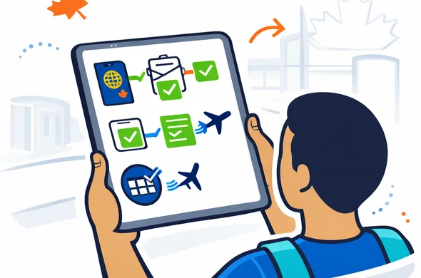 Flat or semi-flat vector illustration, clean lines, modern travel-tech aesthetic. A faceless traveler checks a departure checklist on a tablet: new passport, eTA approval email, status confirmation, and airplane icon. Deep blue and turquoise brand palette with Canada red accent. Minimal white and soft grey background with a faint outline of an airport gate and maple leaf. Calm, safe, organized mood. Non-photorealistic vector illustration for a professional visa assistance website.