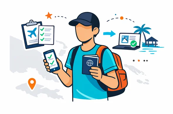 Flat or semi-flat vector illustration, clean lines, modern tech feel, deep blue and turquoise primary palette with warm coral and tropical green accents inspired by Papua New Guinea, faceless abstract traveler holding passport and smartphone while reviewing entry options, minimal white and light grey background, subtle silhouette of Papua New Guinea map and tropical coastline, calm organized safe atmosphere, 2D with slight isometric perspective, non-photorealistic