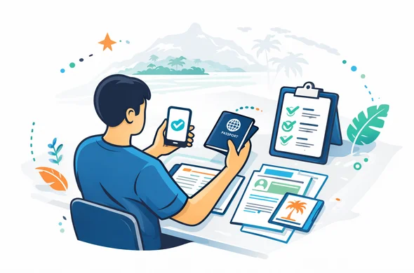 Flat or semi-flat vector illustration, clean lines, modern tech style, deep blue and turquoise palette with tropical orange and green accents inspired by Papua New Guinea, faceless neutral character organizing passport, phone, checklist and travel papers on a clean desk, subtle silhouette of island mountains and tropical motifs in the background, minimalist white and grey background, calm organized efficient safe atmosphere, 2D or slight isometric, non-photorealistic