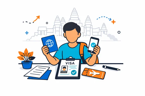 Flat vector illustration, modern travel document planning scene, deep blue and turquoise brand palette with warm Cambodia inspired gold and terracotta accents, abstract faceless traveler comparing passport, phone and visa options on a clean desk, faint outline of Angkor Wat in the background, minimalist white and light grey setting, calm organized safe atmosphere, clean lines, semi flat 2D illustration, not photorealistic
