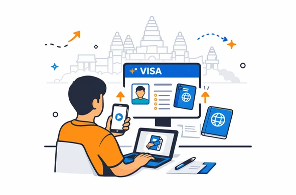 Semi flat vector illustration of a digital visa application workflow for Cambodia, deep blue and turquoise interface elements with Cambodia inspired saffron and temple stone accents, abstract faceless character uploading documents from laptop and smartphone, passport and checklist icons, faint Angkor Wat silhouette, modern tech feel, minimalist white grey background, calm efficient safe atmosphere, clean lines, 2D illustration, not photorealistic