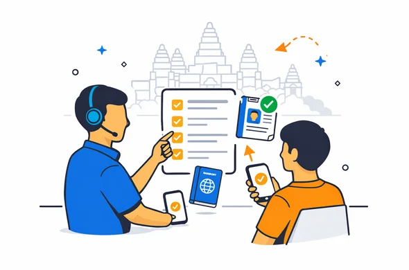 Flat vector illustration of calm visa assistance for Cambodia, deep blue and turquoise brand colors with elegant Cambodia inspired amber accent, abstract faceless support character guiding traveler through checklist, passport, phone and approved document icons, minimal white and grey background with subtle Angkor Wat outline, organized safe trustworthy atmosphere, clean lines, semi flat isometric style, not photorealistic
