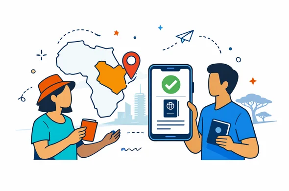 Flat semi-flat vector illustration, modern travel-tech style, deep blue and turquoise main palette with warm Kenyan accent colors inspired by savannah orange and green, faceless abstract travelers holding passports, phone with digital entry approval interface, simple map pin over Kenya, faint outline of Nairobi skyline and acacia tree in minimal white background, calm organized efficient atmosphere, clean lines, 2D/isometric mix, non-photorealistic