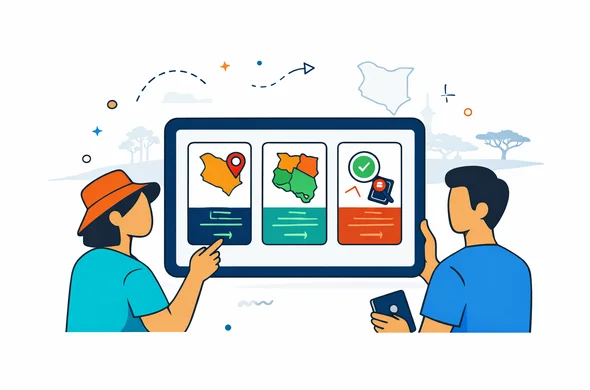 Flat vector illustration with clean lines, deep blue and turquoise interface panels with Kenyan accent colors in orange, green and earthy red, faceless abstract characters comparing travel routes on a tablet, three route cards labeled conceptually as direct Kenya entry, regional East Africa route, and special case review, faint silhouette of Kenya map and safari landscape in background, calm organized safe atmosphere, modern tech feel, minimalist white and grey background, non-photorealistic