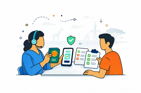 Semi-flat vector illustration, deep blue and turquoise with Kenyan green and sunset orange accents, faceless abstract travel assistant and traveler reviewing passport, phone, booking confirmation and checklist on a desk, small secure shield icon, faint outline of giraffe and Nairobi skyline in soft grey background, minimalist white setting, calm safe efficient atmosphere, modern clean tech aesthetic, non-photorealistic