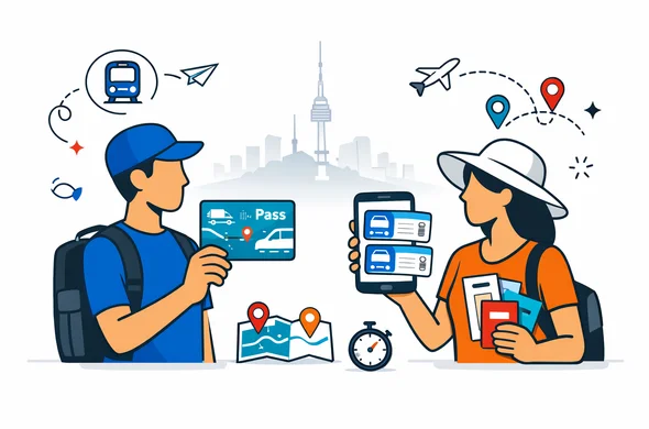 Flat or semi-flat vector illustration, modern tech travel planning scene, faceless abstract travelers comparing a rail pass card and individual high-speed train tickets on a smartphone, deep blue and turquoise primary palette with subtle South Korea accent red, clean lines, 2D and light isometric mix, minimalist white and light gray background, faint silhouette of Seoul skyline with N Seoul Tower, calm organized efficient atmosphere, route icons and travel documents visible, no distinct facial features, not photorealistic