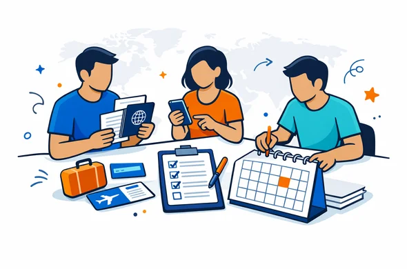 Flat or semi-flat vector illustration, clean lines, modern tech feel, 2D isometric composition. Deep blue and turquoise Aid-Air palette with subtle neutral accent colors for a generic global travel context. Abstract faceless characters with neutral skin tones organizing passport, phone, travel documents, checklist and calendar on a clean desk. Calm, organized, efficient and safe atmosphere. Minimal white and light grey background with a faint world map outline, small document icons, no text, not photorealistic.