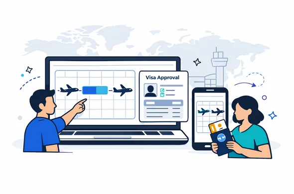 Flat or semi-flat vector illustration, clean lines, modern tech feel, slight isometric 2D. Scene: a digital visa operations dashboard on a laptop and phone, showing a calendar with a highlighted validity window, flight icons moved forward and backward on a timeline, and a visa approval card with generic UI blocks. Abstract faceless characters with neutral skin tones; one points at the validity window, another holds a passport and boarding pass. Primary palette deep blue and turquoise (Aid-Air brand). Accent color cool purple to represent a global hub. Atmosphere calm, organized, efficient, safe. Minimalist white and light grey background with a faint world map silhouette and a subtle airport terminal outline. No photorealism, no detailed faces, no readable text, crisp vector shadows, smooth gradients kept minimal. Flat or semi-flat vector illustration, clean lines, modern tech feel, slight isometric 2D. Scene: a digital visa operations dashboard on a laptop and phone, showing a calendar with a highlighted validity window, flight icons moved forward and backward on a timeline, and a visa approval card with generic UI blocks. Abstract faceless characters with neutral skin tones; one points at the validity window, another holds a passport and boarding pass. Primary palette deep blue and turquoise (Aid-Air brand). Accent color cool purple to represent a global hub. Atmosphere calm, organized, efficient, safe. Minimalist white and light grey background with a faint world map silhouette and a subtle airport terminal outline. No photorealism, no detailed faces, no readable text, crisp vector shadows, smooth gradients kept minimal.