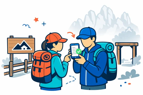 Flat vector illustration, clean lines, modern tech feel, semi-flat 2D with light isometric perspective, deep blue and turquoise brand palette with coral-red accents inspired by South Korea, faceless neutral travelers checking a hiking permit on a smartphone at the entrance of a Korean mountain trail, simple national park sign, minimal white and light grey background, faint silhouette of Seoraksan rocky peaks, calm organized safe atmosphere, not photorealistic, no text on image