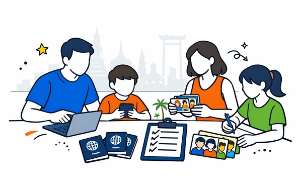 Flat or semi-flat vector illustration, clean lines, modern tech feel, 2D or light isometric. A faceless family preparing Thailand travel entry details together around a table with passports, phone, laptop, checklist, and grouped traveler cards. Deep blue and turquoise primary colors with Thailand-inspired saffron, tropical green, and warm red accents. Minimalist white and grey background with a faint Bangkok skyline silhouette. Calm, organized, efficient, safe atmosphere. No readable text, not photorealistic.