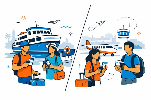 Flat semi-flat vector illustration, modern travel-tech style, clean lines, 2D with slight isometric perspective. Show a split scene comparing a ferry terminal and a small domestic airport in Zanzibar/Tanzania. Abstract faceless travelers with neutral skin tones hold passports, phones, boarding confirmations and small luggage. Calm organized atmosphere, deep blue and turquoise as primary brand colors, warm coral-gold accent inspired by Tanzania and Zanzibar sunsets. Minimal white and light grey background with a faint silhouette of Zanzibar coastline and Stone Town architecture. Not photorealistic, efficient safe travel feeling. Flat semi-flat vector illustration, modern travel-tech style, clean lines, 2D with slight isometric perspective. Show a split scene comparing a ferry terminal and a small domestic airport in Zanzibar/Tanzania. Abstract faceless travelers with neutral skin tones hold passports, phones, boarding confirmations and small luggage. Calm organized atmosphere, deep blue and turquoise as primary brand colors, warm coral-gold accent inspired by Tanzania and Zanzibar sunsets. Minimal white and light grey background with a faint silhouette of Zanzibar coastline and Stone Town architecture. Not photorealistic, efficient safe travel feeling.