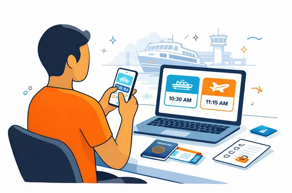 Flat vector illustration, modern travel service interface, clean lines and calm composition. Abstract faceless traveler seated at a desk checks ferry and domestic flight booking details on a smartphone and laptop, with passport, tickets and luggage checklist visible. Deep blue and turquoise brand palette with warm coral-orange Tanzania accent. Minimal white and grey background, subtle outline of an airport terminal and ferry pier, safe organized atmosphere, semi-flat tech illustration, not photorealistic. Flat vector illustration, modern travel service interface, clean lines and calm composition. Abstract faceless traveler seated at a desk checks ferry and domestic flight booking details on a smartphone and laptop, with passport, tickets and luggage checklist visible. Deep blue and turquoise brand palette with warm coral-orange Tanzania accent. Minimal white and grey background, subtle outline of an airport terminal and ferry pier, safe organized atmosphere, semi-flat tech illustration, not photorealistic.