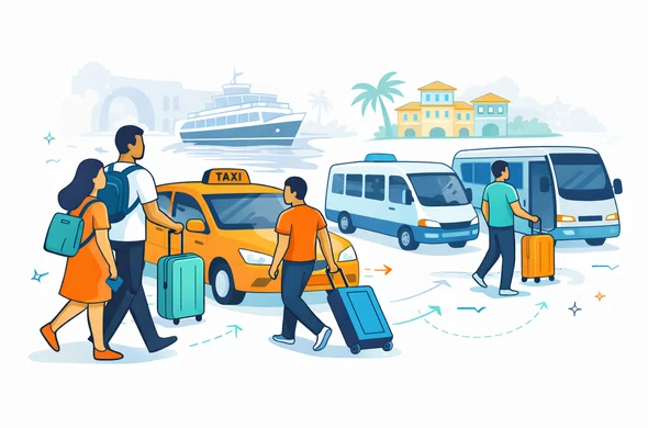 Semi-flat vector travel logistics illustration with modern tech feel. Abstract faceless travelers arrive in Zanzibar and continue from a ferry pier and airport toward hotels using taxi, shuttle and local transport. Deep blue and turquoise primary palette with tropical teal and warm sand accent inspired by Tanzania. Minimalist white-grey background with faint Stone Town archways and palm outline. Calm, efficient, safe atmosphere, clean lines, not photorealistic. Semi-flat vector travel logistics illustration with modern tech feel. Abstract faceless travelers arrive in Zanzibar and continue from a ferry pier and airport toward hotels using taxi, shuttle and local transport. Deep blue and turquoise primary palette with tropical teal and warm sand accent inspired by Tanzania. Minimalist white-grey background with faint Stone Town archways and palm outline. Calm, efficient, safe atmosphere, clean lines, not photorealistic.