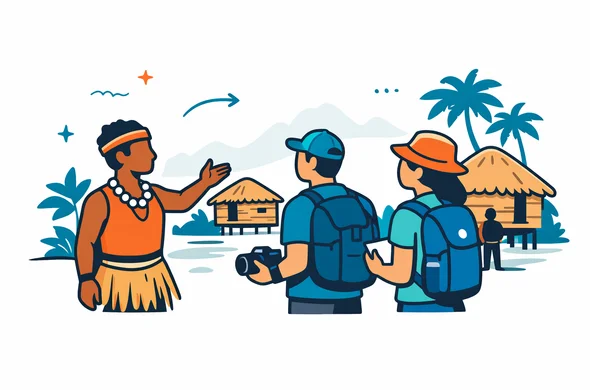 Flat or semi-flat vector illustration, clean lines, modern travel-tech style, 2D or light isometric. Abstract faceless travelers arriving respectfully at a Papua New Guinea village with a local guide, one traveler holding a small notebook and another keeping camera lowered, calm welcoming atmosphere, subtle traditional village houses and tropical silhouettes in the background, deep blue and turquoise primary palette with warm coral and earthy orange destination accents, minimalist white and soft gray background, organized safe mood, no photorealism, no text, no watermark Flat or semi-flat vector illustration, clean lines, modern travel-tech style, 2D or light isometric. Abstract faceless travelers arriving respectfully at a Papua New Guinea village with a local guide, one traveler holding a small notebook and another keeping camera lowered, calm welcoming atmosphere, subtle traditional village houses and tropical silhouettes in the background, deep blue and turquoise primary palette with warm coral and earthy orange destination accents, minimalist white and soft gray background, organized safe mood, no photorealism, no text, no watermark