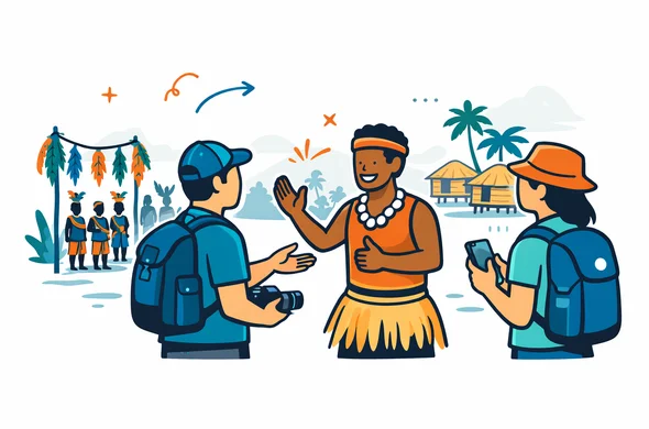 Flat or semi-flat vector illustration, clean lines, modern tech travel style, 2D or light isometric. Abstract faceless traveler politely asking permission before taking a photo at a cultural ceremony in Papua New Guinea, local host gesturing approval while another traveler keeps phone lowered, subtle ceremonial decorations and village gathering in the background, deep blue and turquoise primary palette with rich coral, ochre and tropical green accents, minimalist white and soft gray background, calm respectful organized atmosphere, no photorealism, no text, no watermark Flat or semi-flat vector illustration, clean lines, modern tech travel style, 2D or light isometric. Abstract faceless traveler politely asking permission before taking a photo at a cultural ceremony in Papua New Guinea, local host gesturing approval while another traveler keeps phone lowered, subtle ceremonial decorations and village gathering in the background, deep blue and turquoise primary palette with rich coral, ochre and tropical green accents, minimalist white and soft gray background, calm respectful organized atmosphere, no photorealism, no text, no watermark