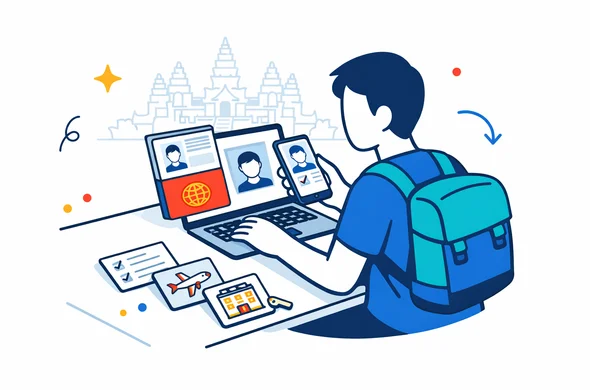 Flat or semi-flat vector illustration, clean lines, modern tech feel, 2D organized document preparation scene for Cambodia visa application, abstract faceless traveler arranging passport scan, digital passport photo, flight details and hotel booking on a laptop, phone and neat checklist cards, calm organized efficient safe atmosphere, Aid-Air deep blue and turquoise palette with Cambodia accent colors red and warm gold, minimalist white and grey background with a faint Angkor Wat silhouette, no text, no logos, not photorealistic